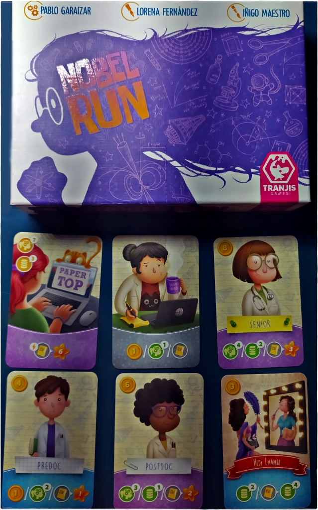 Tapa del juego "Nobel Run" en la parte superior y debajo de ella seis cartas del juego.